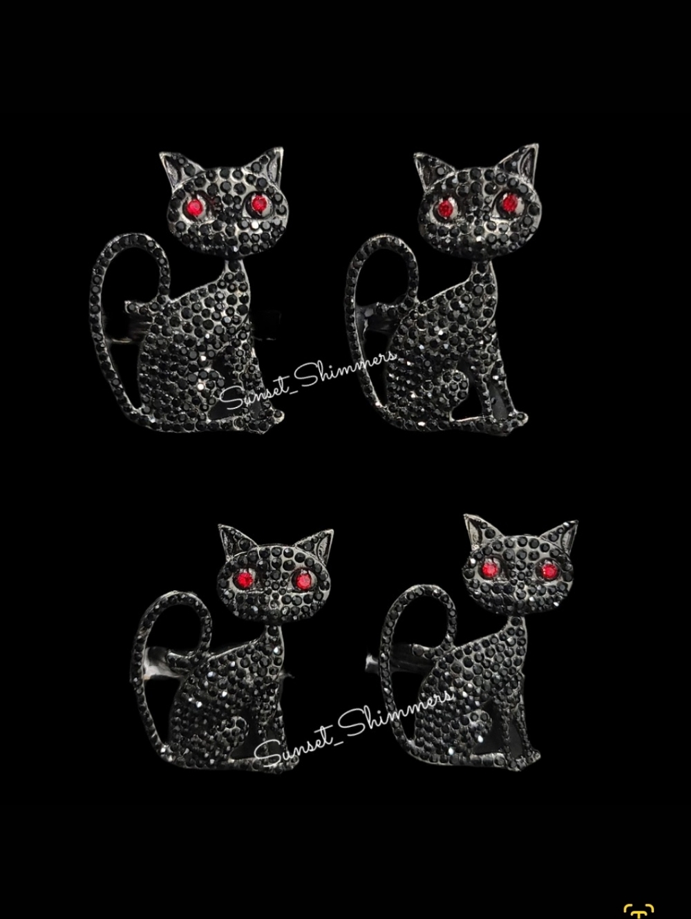 4 Black Cat Rhinestone Napkin Ring Set NEW